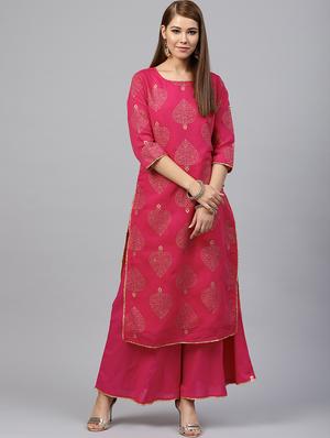 Fuchsia foil printed gota detail kurta with palazzo set - 15586830 - Standard Image - 1