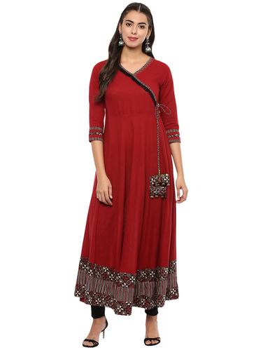 Angrakha fringes long kurta - 15591052 - Very Small Image - 1