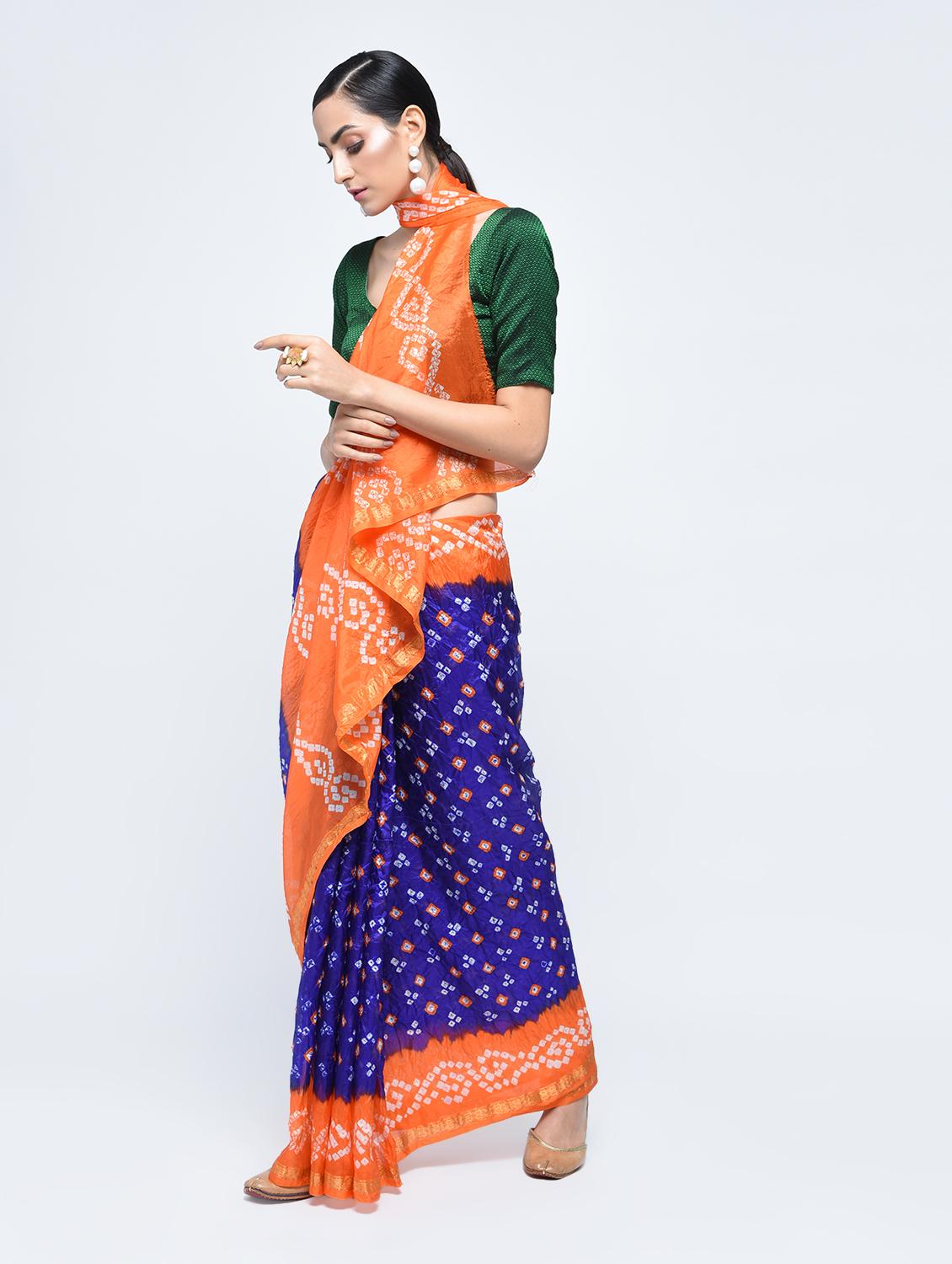 Zari bordered bandhani saree with blouse - 15606517 - Zoom Image - 1