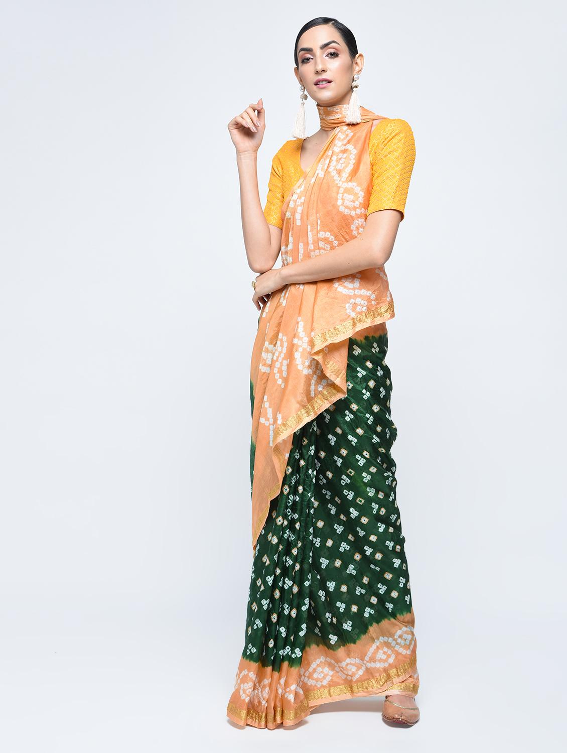 Bottle green bandhani saree with blouse - 15606519 - Zoom Image - 1