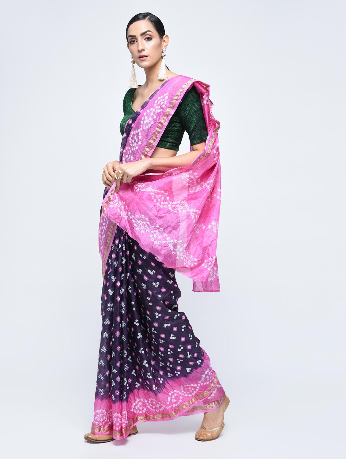 Zari bordered bandhani saree with blouse - 15606522 - Zoom Image - 1