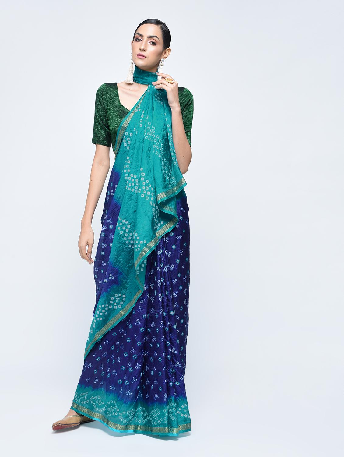 Zari bordered bandhani saree with blouse - 15606523 - Zoom Image - 1