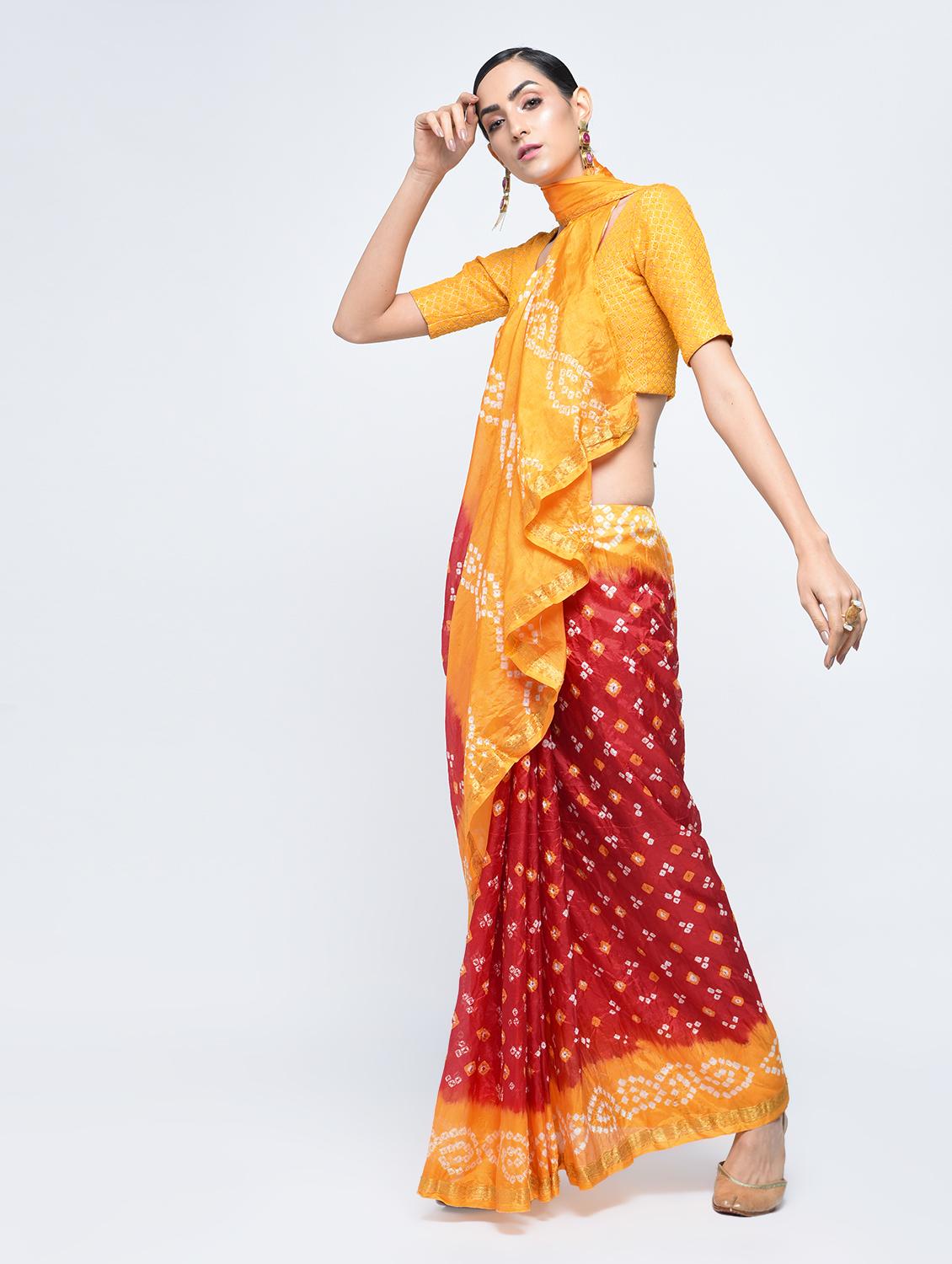 Zari bordered bandhani saree with blouse - 15606524 - Zoom Image - 1