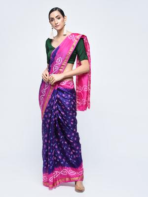 Zari bordered bandhani saree with blouse - 15606527 - Standard Image - 1