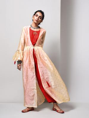 Bell sleeved chanderi top pant with shrug set - 15606721 - Standard Image - 1