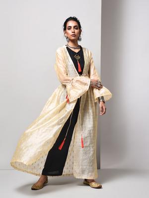 Bell sleeved chanderi top pant with shrug set - 15606722 - Standard Image - 1