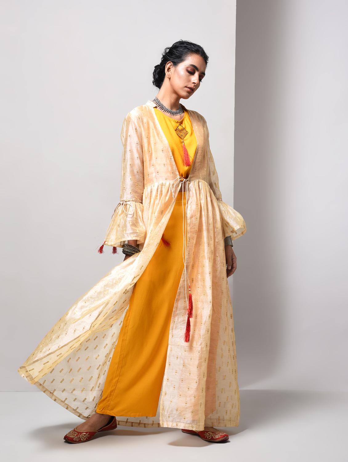 Bell sleeved chanderi top pant with shrug set - 15606723 - Zoom Image - 1