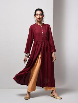 Wine high slit printed kurta - 15606727 - Standard Image - 1