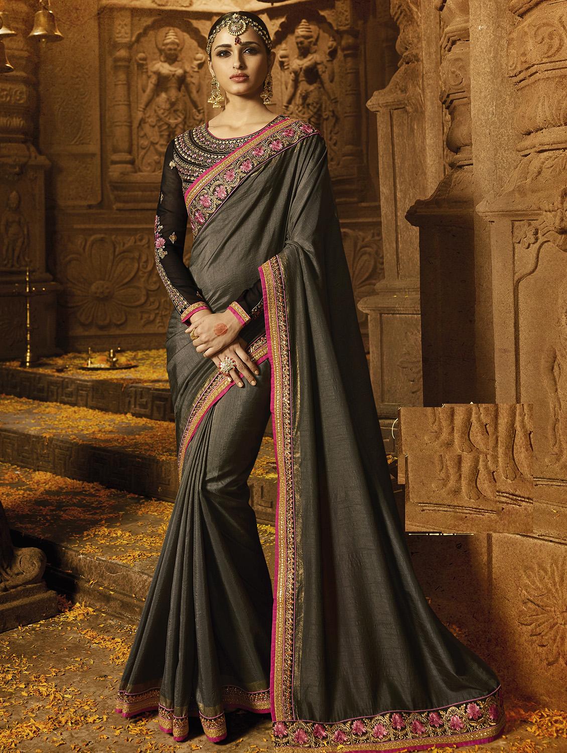 Embellished lace bordered saree with blouse - 15607111 - Zoom Image - 1