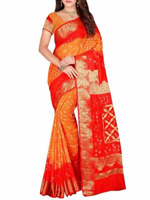 Zari bordered bandhani saree with blouse - 15607508 - Standard Image - 1