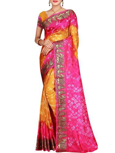 Zari bordered bandhani saree with blouse - 15607540 - Very Small Image - 1