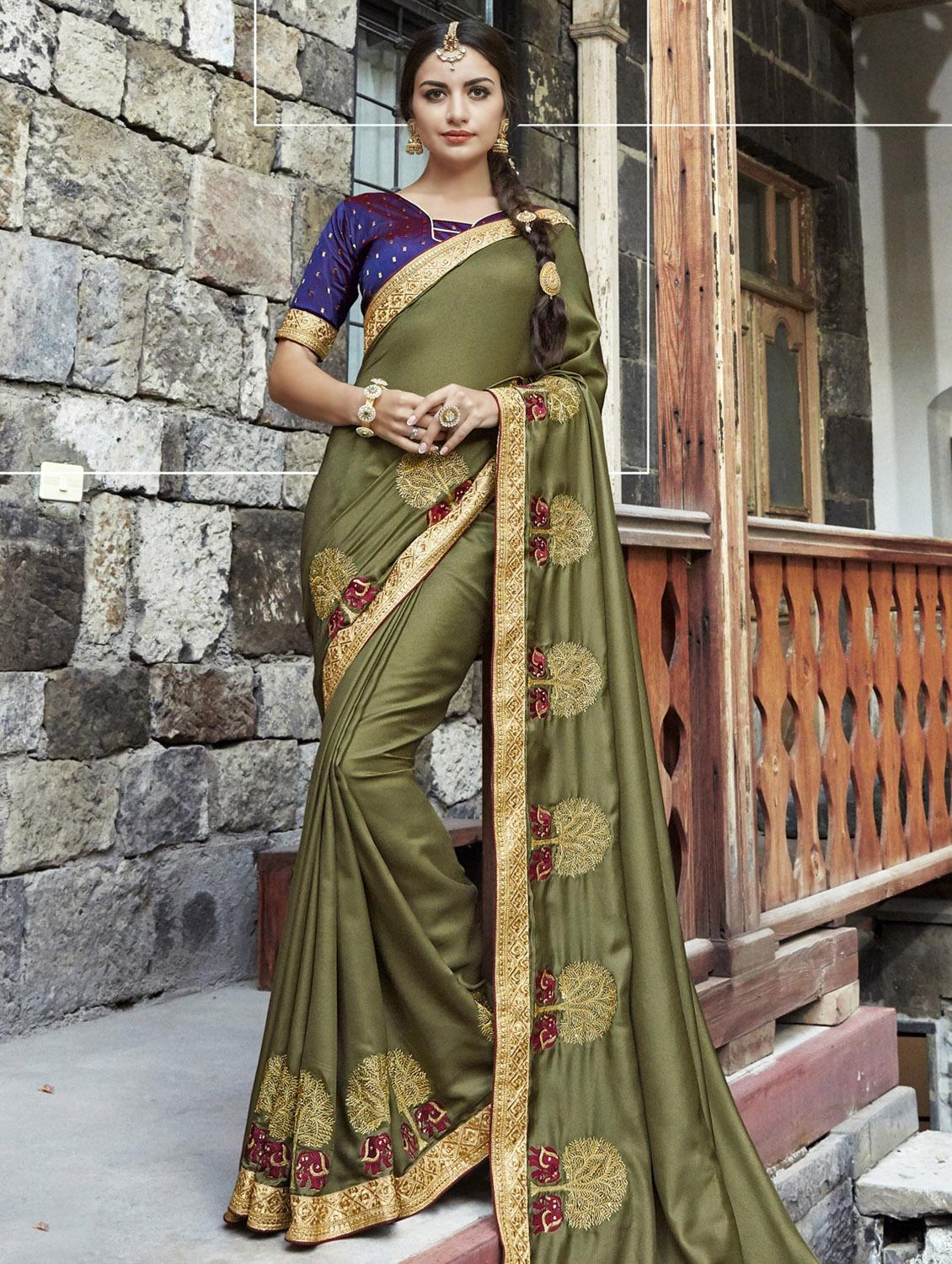 Olive green bordered saree with blouse - 15608423 - Zoom Image - 1