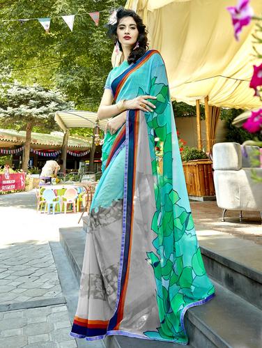 Contrast bordered printed saree with blouse - 15608431 - Very Small Image - 1
