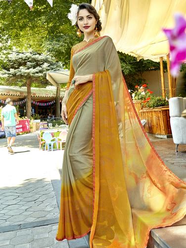Contrast bordered printed saree with blouse - 15608432 - Very Small Image - 1