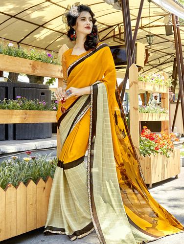 Checkered bordered printed saree with blouse - 15608438 - Very Small Image - 1