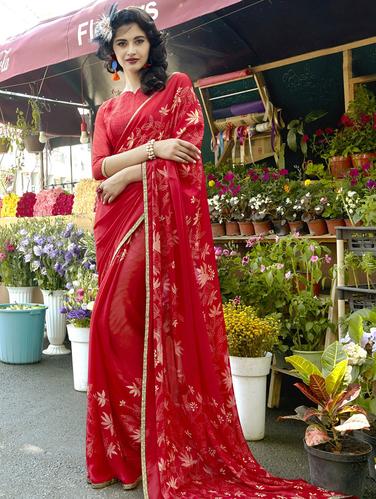 cherry red embroidered saree with blouse - 15608440 - Very Small Image - 1