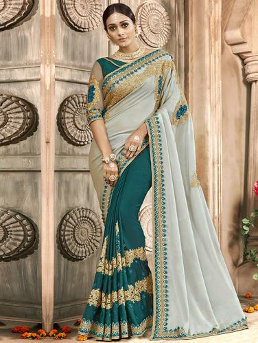 Zari half and half saree with blouse - 15608444 - Very Small Image - 1