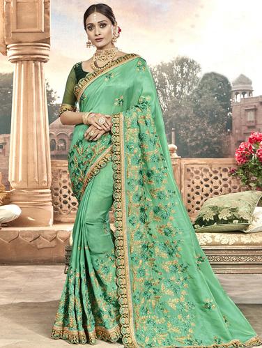 Mint green floral embroidered saree with blouse - 15608489 - Very Small Image - 1