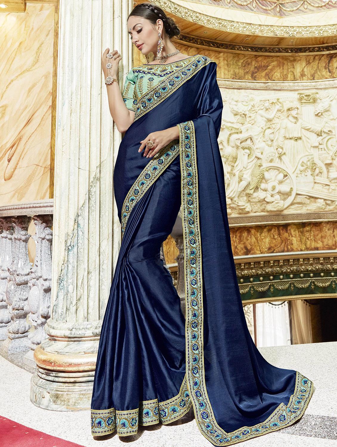 Midnight blue bordered saree with blouse - 15608824 - Zoom Image - 1
