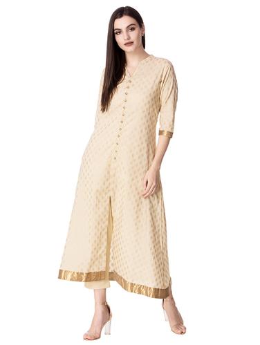 Beige Foil print a-line kurta - 15608832 - Very Small Image - 1