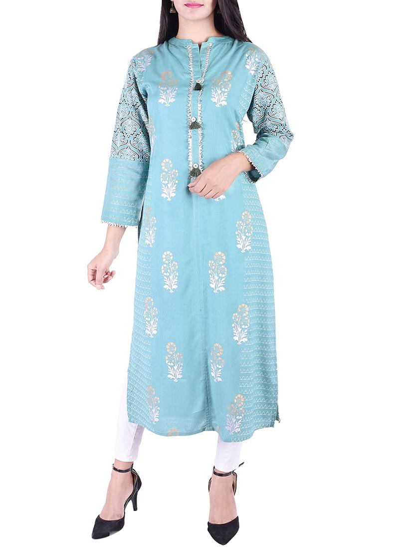 Foil Printed a-line kurta with tassels - 15609236 - Zoom Image - 1