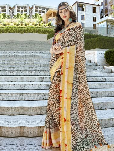 monochrome printed saree with blouse - 15609478 - Very Small Image - 1