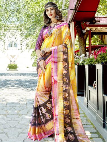 Paisley bordered printed saree with blouse - 15609483 - Very Small Image - 1