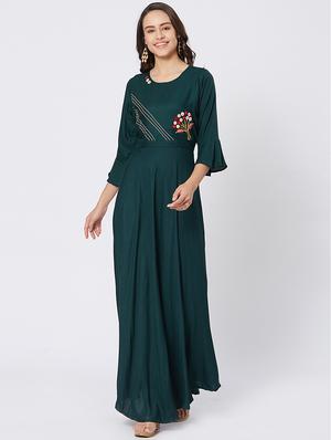 Teal bell sleeves Embroidered flared dress - 15609738 - Standard Image - 1