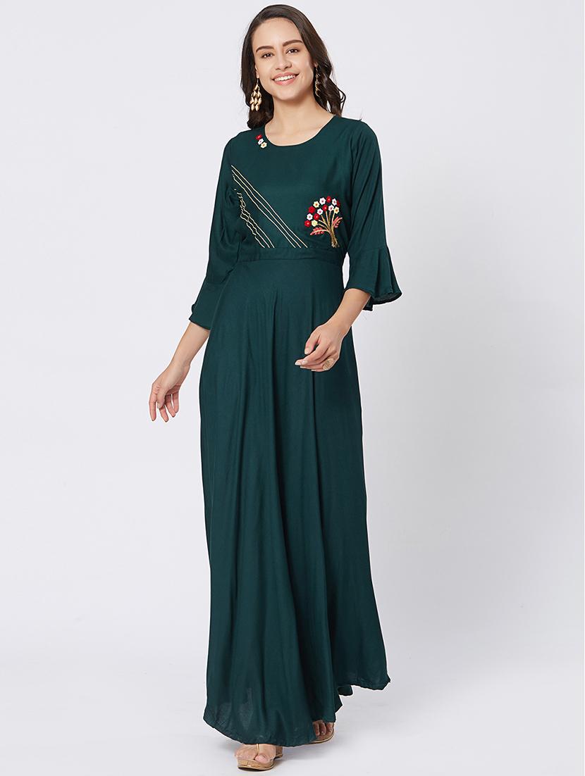 Teal bell sleeves Embroidered flared dress - 15609738 - Zoom Image - 1
