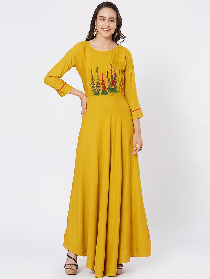 Mustard Embroidered flared kurta - 15609739 - Zoom Image - 1