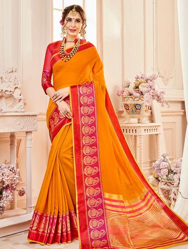 paisley zari border woven saree with blouse - 15610161 - Very Small Image - 1