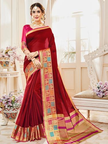 floral zari border woven saree with blouse - 15610165 - Very Small Image - 1