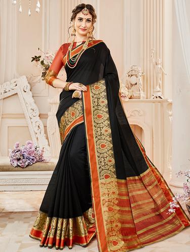 floral zari border woven saree with blouse - 15610166 - Very Small Image - 1