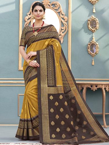 foil printed mustard saree with blouse - 15610183 - Very Small Image - 1