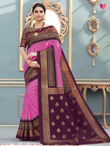foil printed pink saree with blouse - 15610184 - Very Small Image - 1