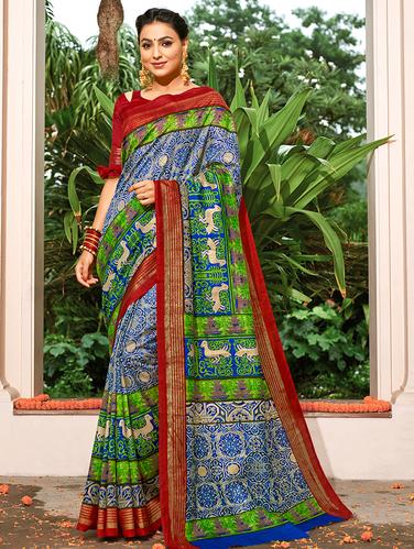 foil printed contrast border saree with blouse - 15610185 - Very Small Image - 1