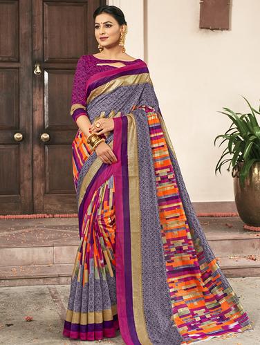 geometrical foil printed saree with blouse - 15610187 - Very Small Image - 1