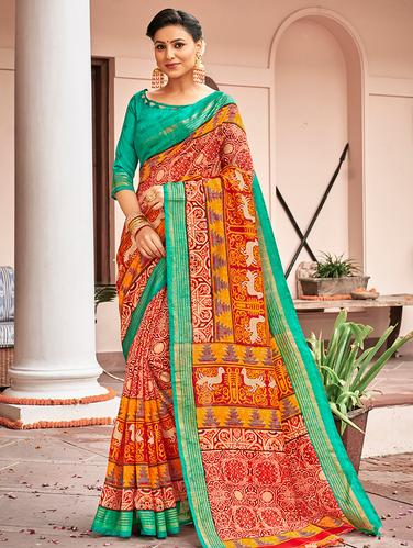 foil printed contrast border saree with blouse - 15610188 - Very Small Image - 1