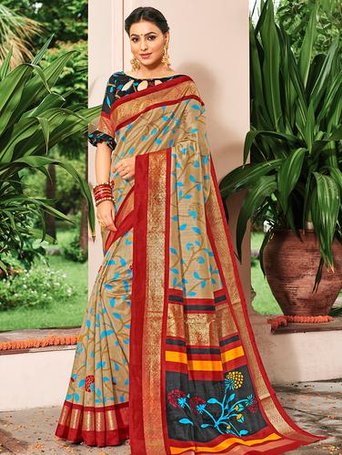 kalamkari foil printed saree with blouse - 15610191 - Very Small Image - 1