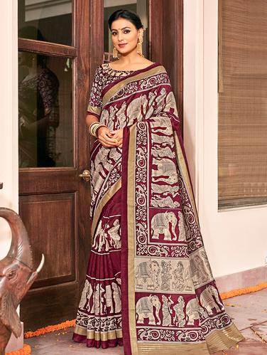 kalamkari foil printed saree with blouse - 15610194 - Very Small Image - 1