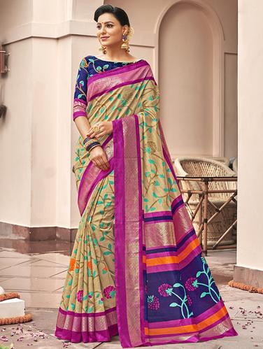 kalamkari foil printed saree with blouse - 15610196 - Very Small Image - 1