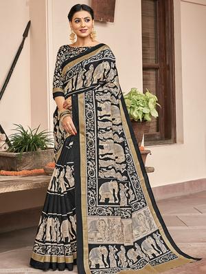 kalamkari foil printed saree with blouse - 15610197 - Standard Image - 1