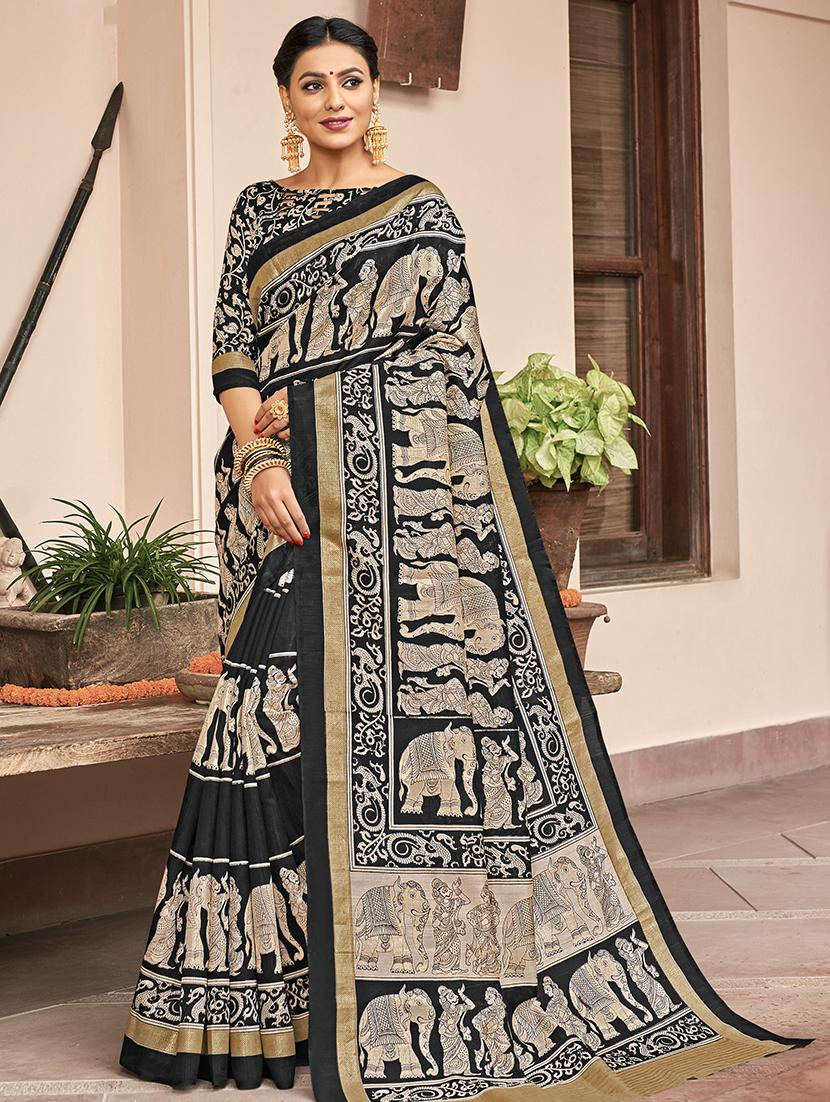 kalamkari foil printed saree with blouse - 15610197 - Zoom Image - 1