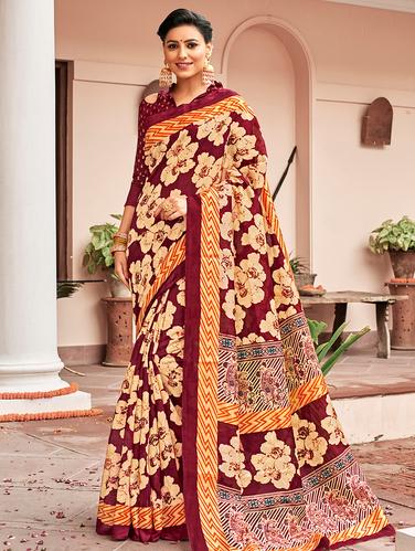 floral foil printed saree with blouse - 15610198 - Very Small Image - 1