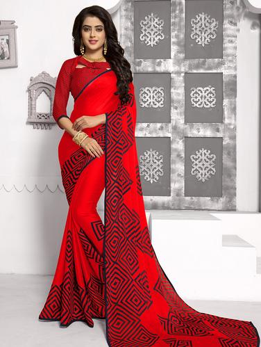 piping border geometrical printed saree with blouse - 15610199 - Very Small Image - 1