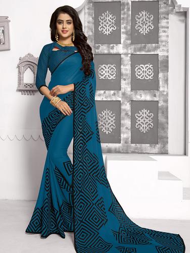 piping border geometrical printed saree with blouse - 15610200 - Very Small Image - 1