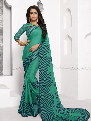 piping border geometrical printed saree with blouse - 15610202 - Very Small Image - 1