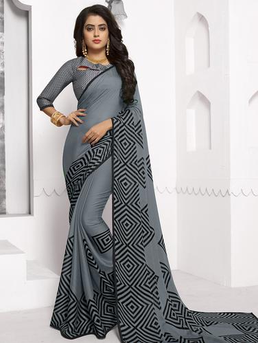 piping border geometrical printed saree with blouse - 15610203 - Very Small Image - 1
