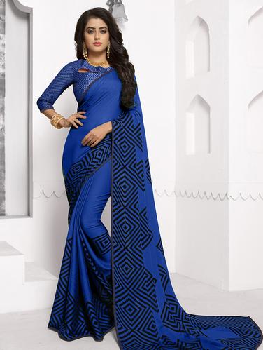 piping border geometrical printed saree with blouse - 15610205 - Very Small Image - 1