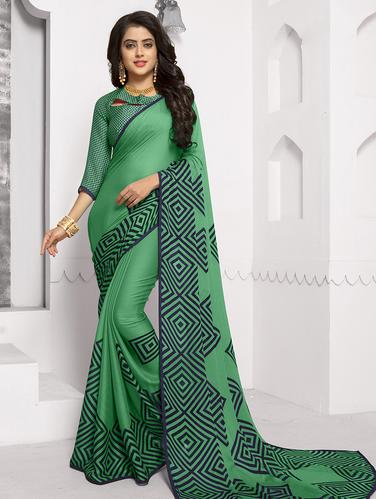 piping border geometrical printed saree with blouse - 15610206 - Very Small Image - 1